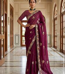 Plum Color Beads,Cutdana,Sequins And Thread Work Chiffon Silk Saree