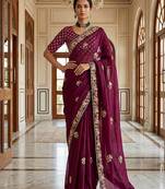 Plum Color Beads,Cutdana,Sequins And Thread Work Chiffon Silk Saree