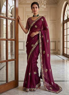 Plum Color Beads,Cutdana,Sequins And Thread Work Chiffon Silk Saree 3