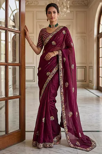 Plum Color Beads,Cutdana,Sequins And Thread Work Chiffon Silk Saree