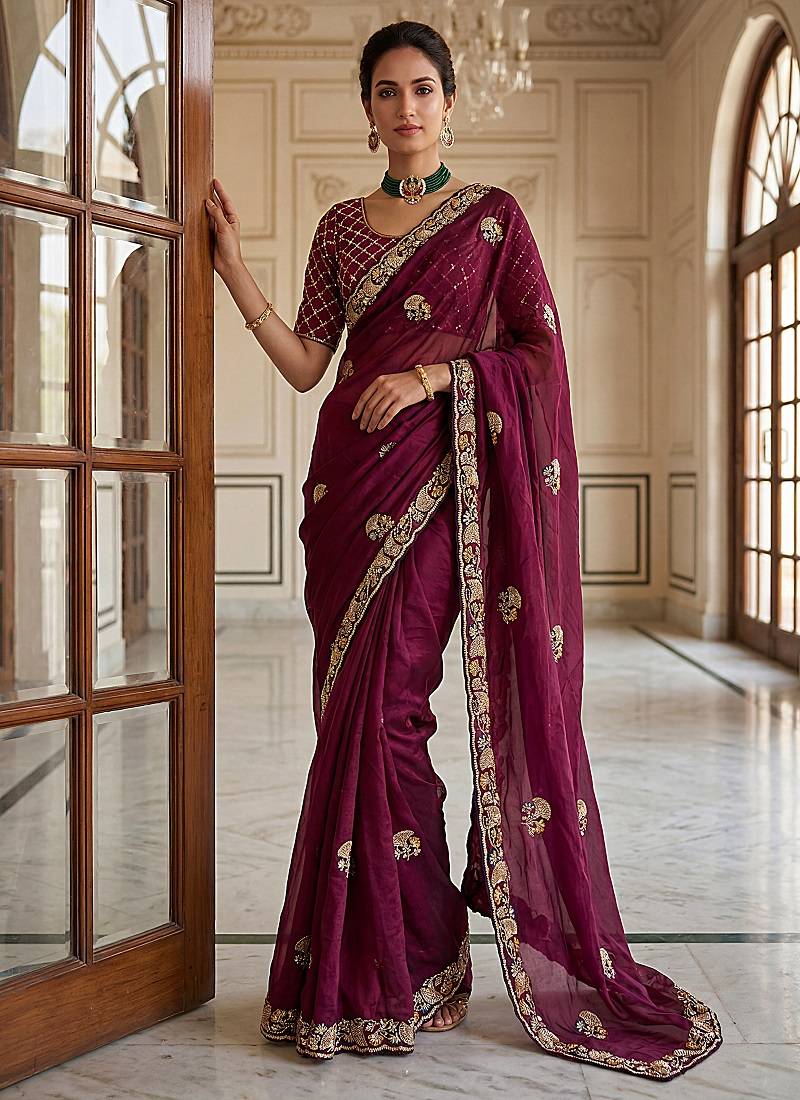Plum Color Beads,Cutdana,Sequins And Thread Work Chiffon Silk Saree