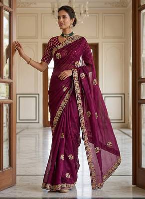 Plum Color Beads,Cutdana,Sequins And Thread Work Chiffon Silk Saree 4