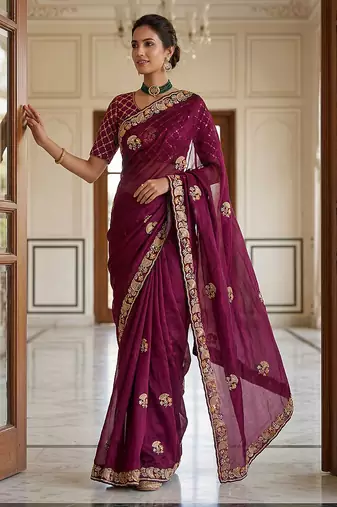 Plum Color Beads,Cutdana,Sequins And Thread Work Chiffon Silk Saree