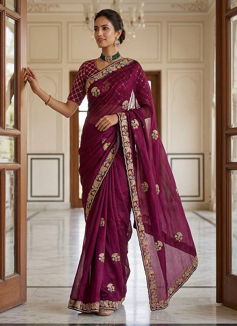 Plum Color Beads,Cutdana,Sequins And Thread Work Chiffon Silk Saree