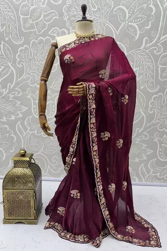 Plum Color Beads,Cutdana,Sequins And Thread Work Chiffon Silk Saree