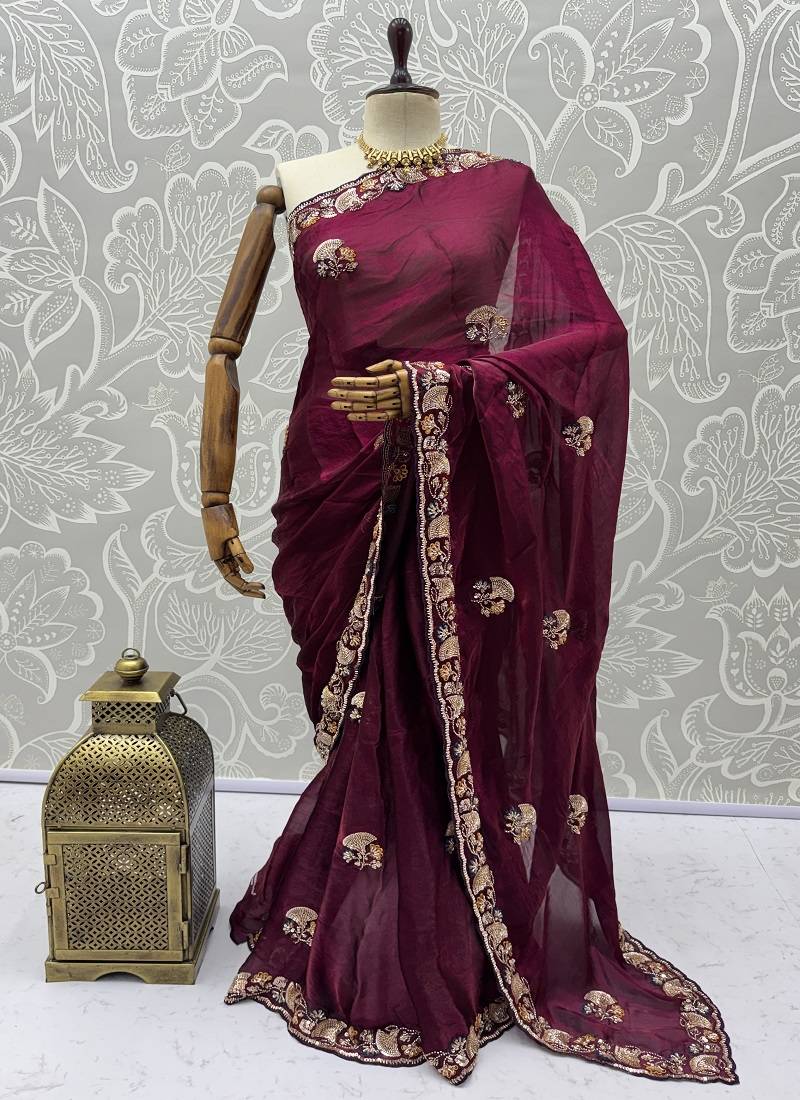 Plum Color Beads,Cutdana,Sequins And Thread Work Chiffon Silk Saree