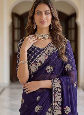 Purple Color Beads,Cutdana,Sequins And Thread Work Chiffon Silk Saree 2