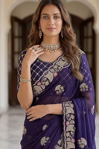 Purple Color Beads,Cutdana,Sequins And Thread Work Chiffon Silk Saree