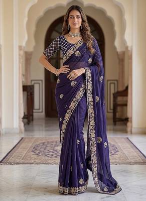 Purple Color Beads,Cutdana,Sequins And Thread Work Chiffon Silk Saree 1