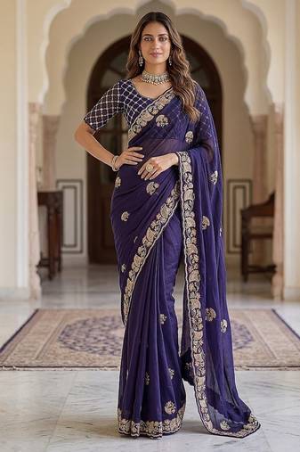 Purple Color Beads,Cutdana,Sequins And Thread Work Chiffon Silk Saree