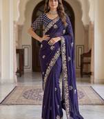 Purple Color Beads,Cutdana,Sequins And Thread Work Chiffon Silk Saree