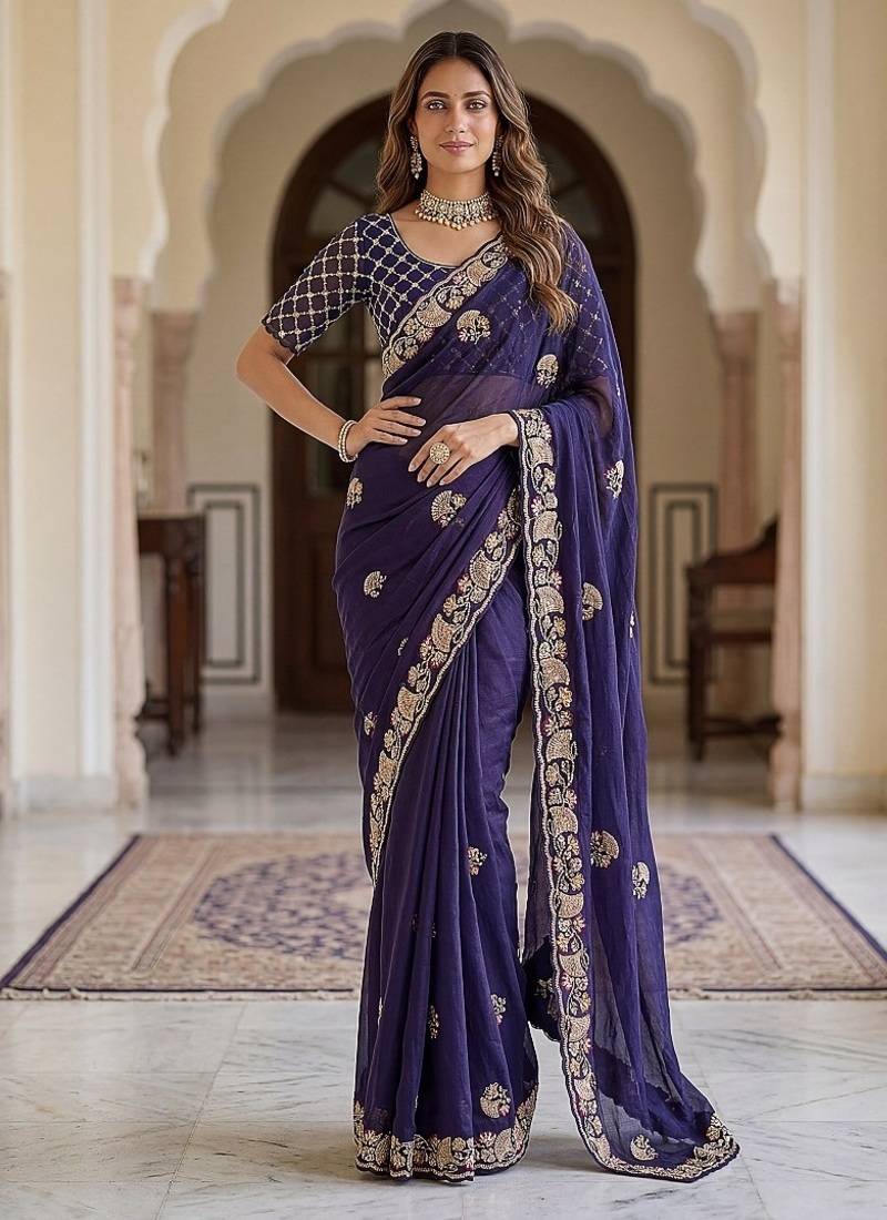 Purple Color Beads,Cutdana,Sequins And Thread Work Chiffon Silk Saree