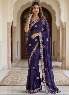 Purple Color Beads,Cutdana,Sequins And Thread Work Chiffon Silk Saree 3