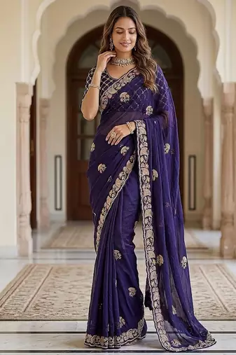 Purple Color Beads,Cutdana,Sequins And Thread Work Chiffon Silk Saree