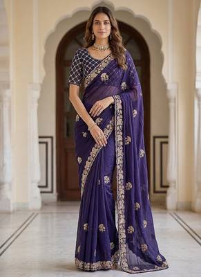 Purple Color Beads,Cutdana,Sequins And Thread Work Chiffon Silk Saree 4