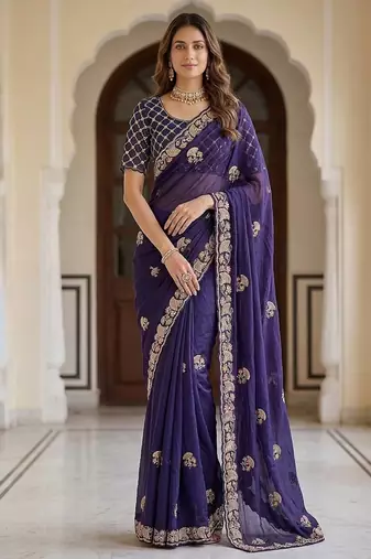 Purple Color Beads,Cutdana,Sequins And Thread Work Chiffon Silk Saree