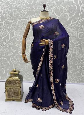 Purple Color Beads,Cutdana,Sequins And Thread Work Chiffon Silk Saree 5