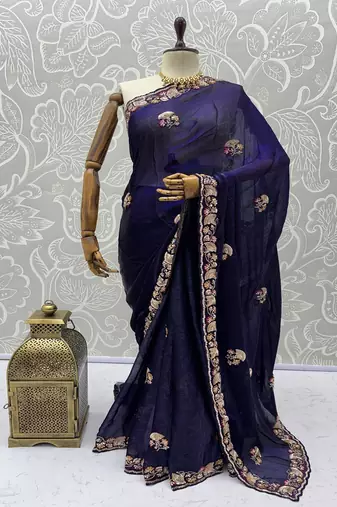 Purple Color Beads,Cutdana,Sequins And Thread Work Chiffon Silk Saree