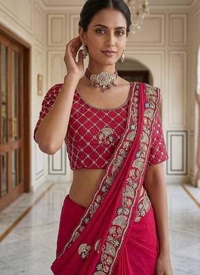 Red Color Beads,Cutdana,Sequins And Thread Work Chiffon Silk Saree 2