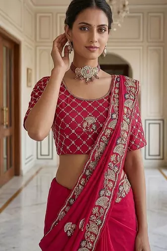 Red Color Beads,Cutdana,Sequins And Thread Work Chiffon Silk Saree