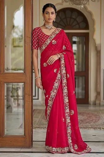 Red Color Beads,Cutdana,Sequins And Thread Work Chiffon Silk Saree