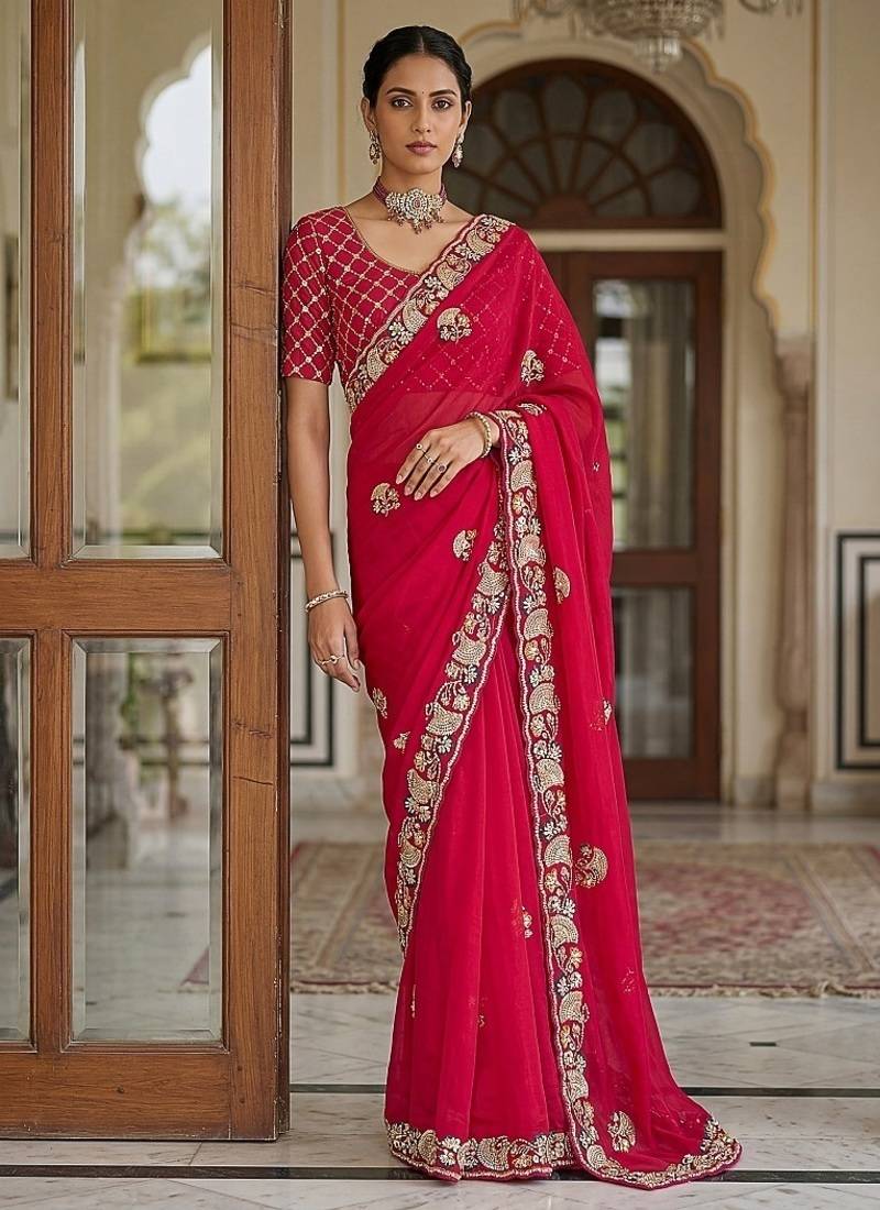 Red Color Beads,Cutdana,Sequins And Thread Work Chiffon Silk Saree