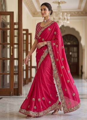 Red Color Beads,Cutdana,Sequins And Thread Work Chiffon Silk Saree 3