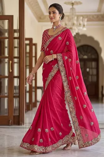 Red Color Beads,Cutdana,Sequins And Thread Work Chiffon Silk Saree