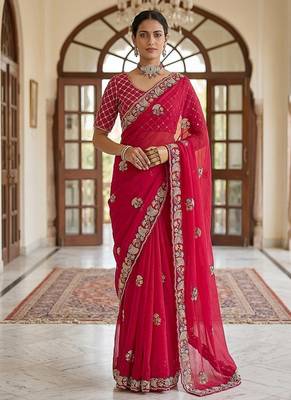 Red Color Beads,Cutdana,Sequins And Thread Work Chiffon Silk Saree 4