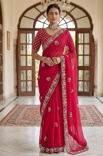 Red Color Beads,Cutdana,Sequins And Thread Work Chiffon Silk Saree