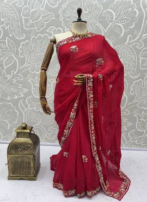Red Color Beads,Cutdana,Sequins And Thread Work Chiffon Silk Saree 5
