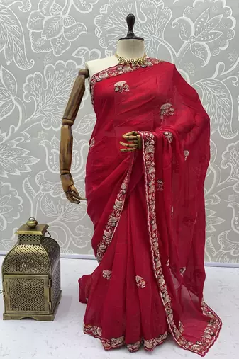 Red Color Beads,Cutdana,Sequins And Thread Work Chiffon Silk Saree