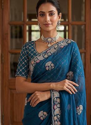 Teal Color Beads,Cutdana,Sequins And Thread Work Chiffon Silk Saree 2