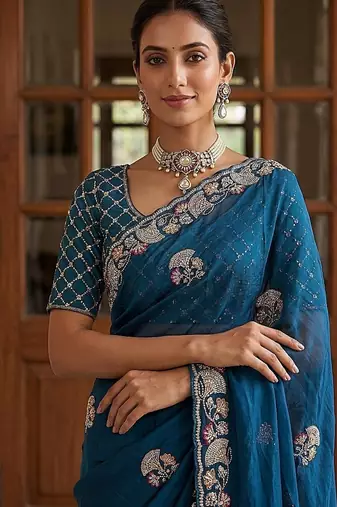 Teal Color Beads,Cutdana,Sequins And Thread Work Chiffon Silk Saree