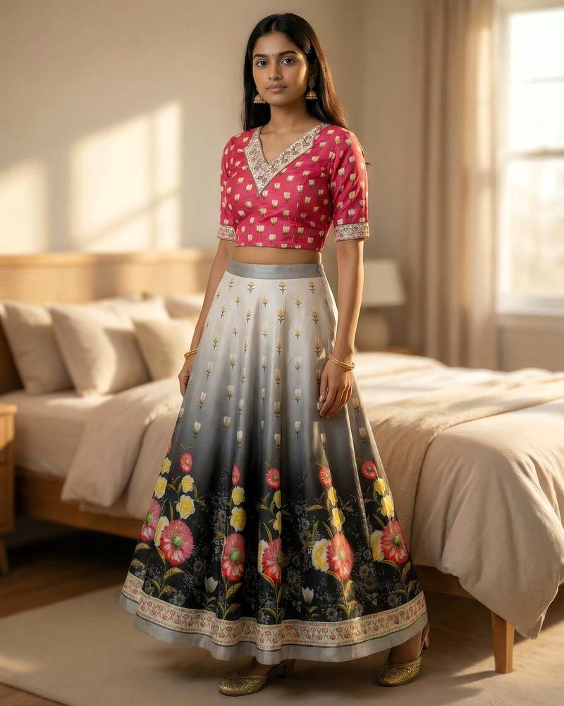 Multicolour Semistitched Croptop Choli With Unstitched Blouse