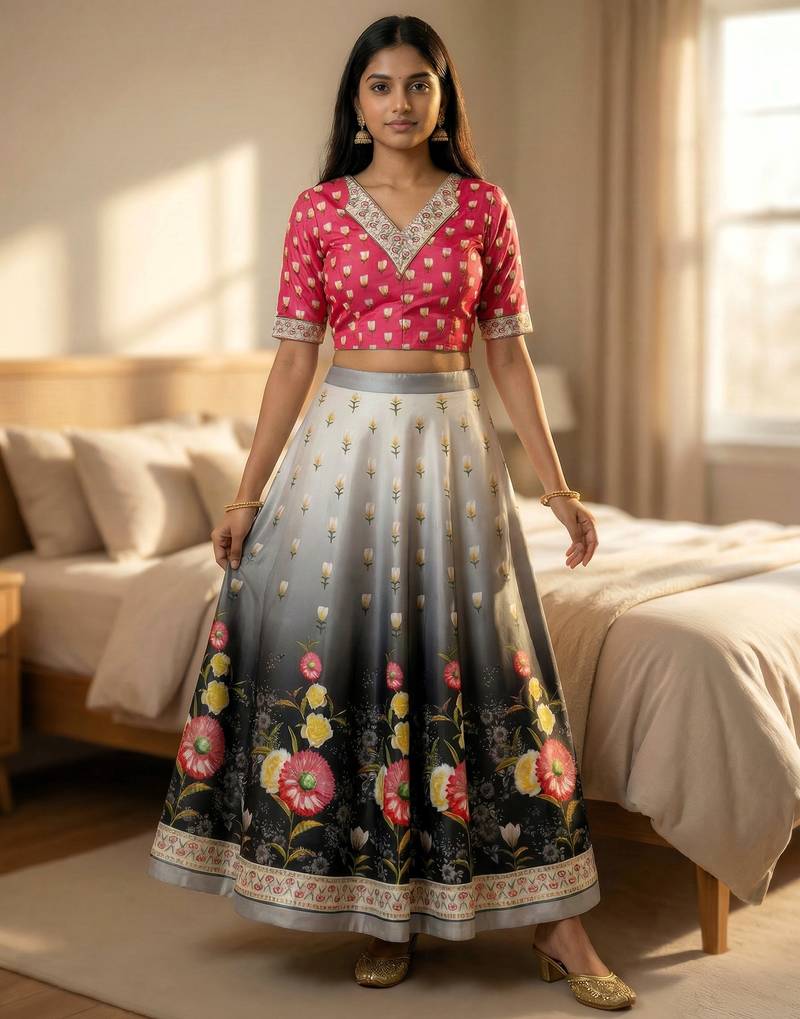 Multicolour Semistitched Croptop Choli With Unstitched Blouse