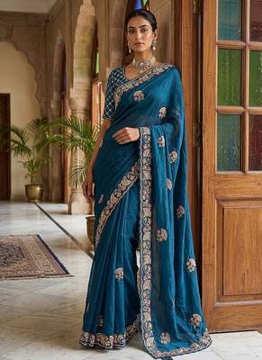 Teal Color Beads,Cutdana,Sequins And Thread Work Chiffon Silk Saree 3