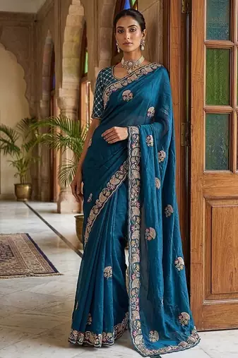 Teal Color Beads,Cutdana,Sequins And Thread Work Chiffon Silk Saree
