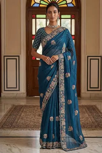 Teal Color Beads,Cutdana,Sequins And Thread Work Chiffon Silk Saree
