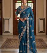 Teal Color Beads,Cutdana,Sequins And Thread Work Chiffon Silk Saree