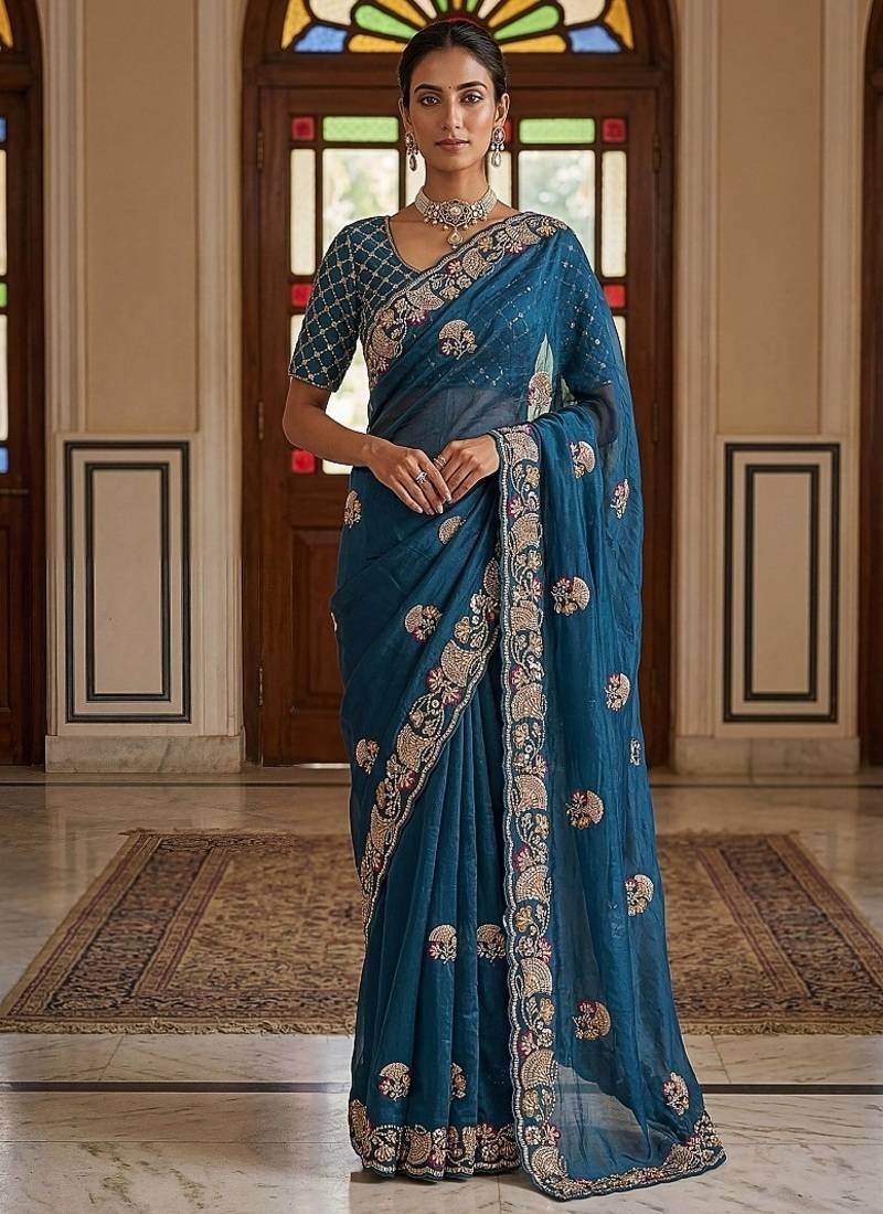 Teal Color Beads,Cutdana,Sequins And Thread Work Chiffon Silk Saree