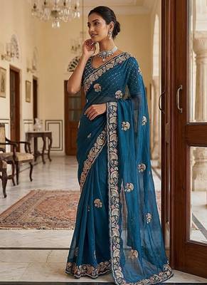 Teal Color Beads,Cutdana,Sequins And Thread Work Chiffon Silk Saree 4