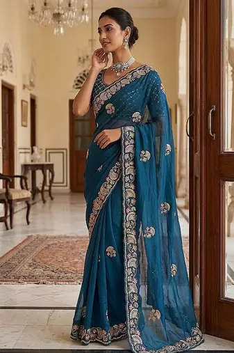Teal Color Beads,Cutdana,Sequins And Thread Work Chiffon Silk Saree