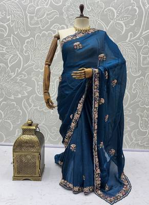 Teal Color Beads,Cutdana,Sequins And Thread Work Chiffon Silk Saree 5