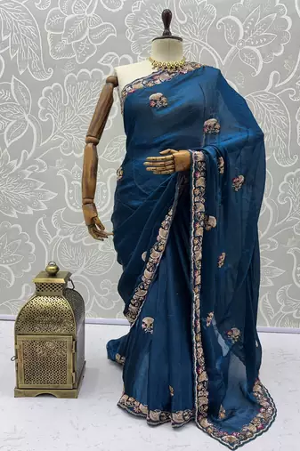 Teal Color Beads,Cutdana,Sequins And Thread Work Chiffon Silk Saree