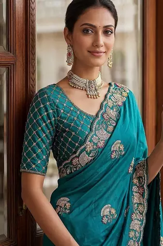 Turquoise Color Beads,Cutdana,Sequins And Thread Work Chiffon Silk Saree