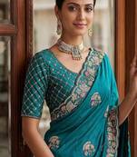 Turquoise Color Beads,Cutdana,Sequins And Thread Work Chiffon Silk Saree