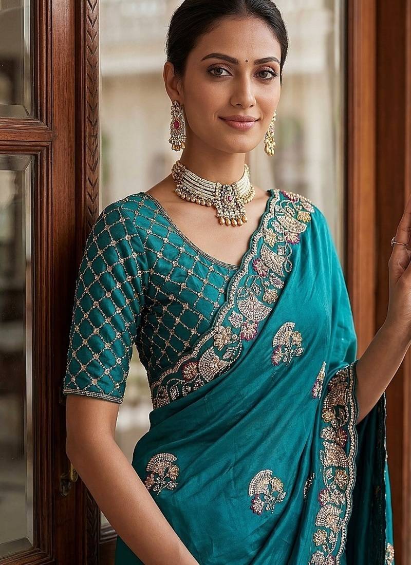 Turquoise Color Beads,Cutdana,Sequins And Thread Work Chiffon Silk Saree