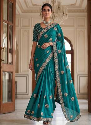 Turquoise Color Beads,Cutdana,Sequins And Thread Work Chiffon Silk Saree 1