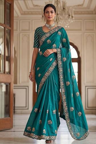 Turquoise Color Beads,Cutdana,Sequins And Thread Work Chiffon Silk Saree